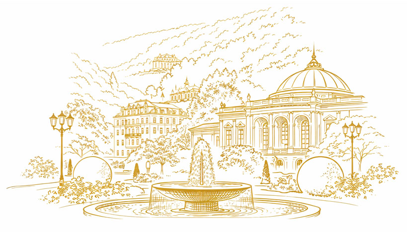 Elegant line illustration of Baden-Baden’s historic spa architecture and fountain, symbolizing the prestigious setting of Annaberg XXI luxury real estate.